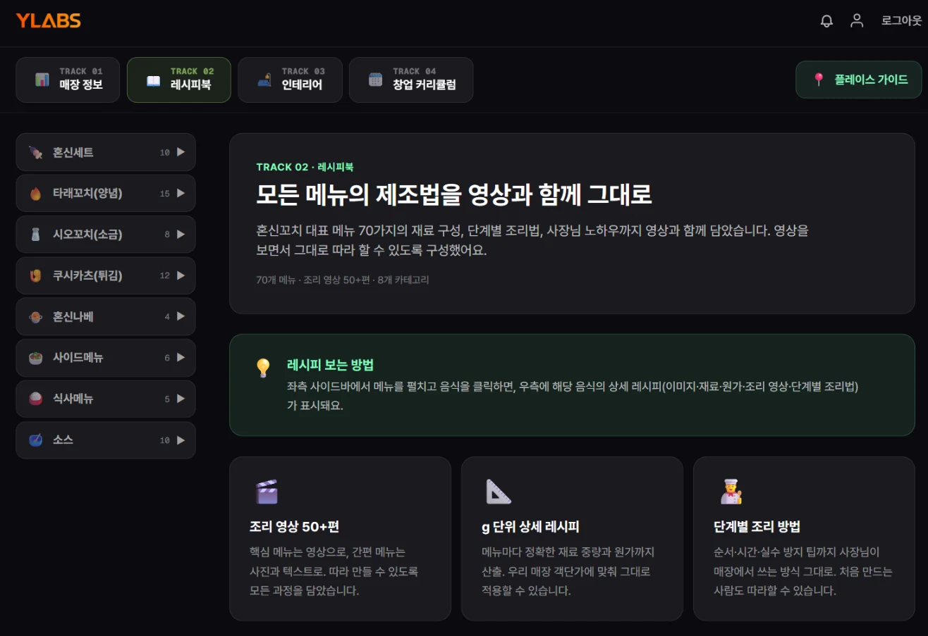 마이페이지 레시피북 실제 화면 — 8개 카테고리 70개 메뉴, 조리 영상 50+편